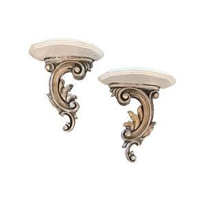 Pair Of 8" White & Silver Leaf Ornate Wall Plate Shelf With Gold Rub
